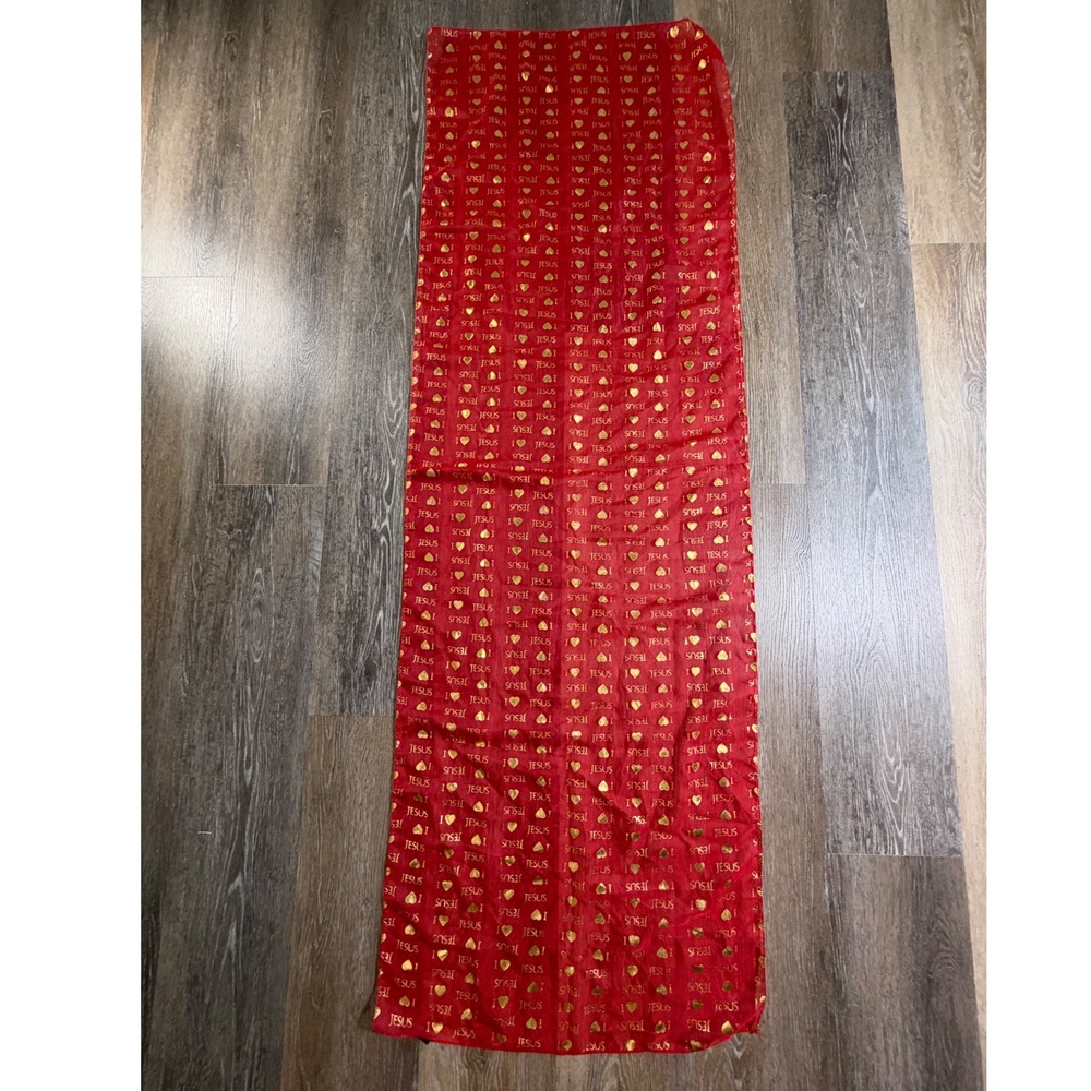 I Love Jesus Scarf Unisex OS Red Gold Heart Print Sheer Metallic Religious Faith